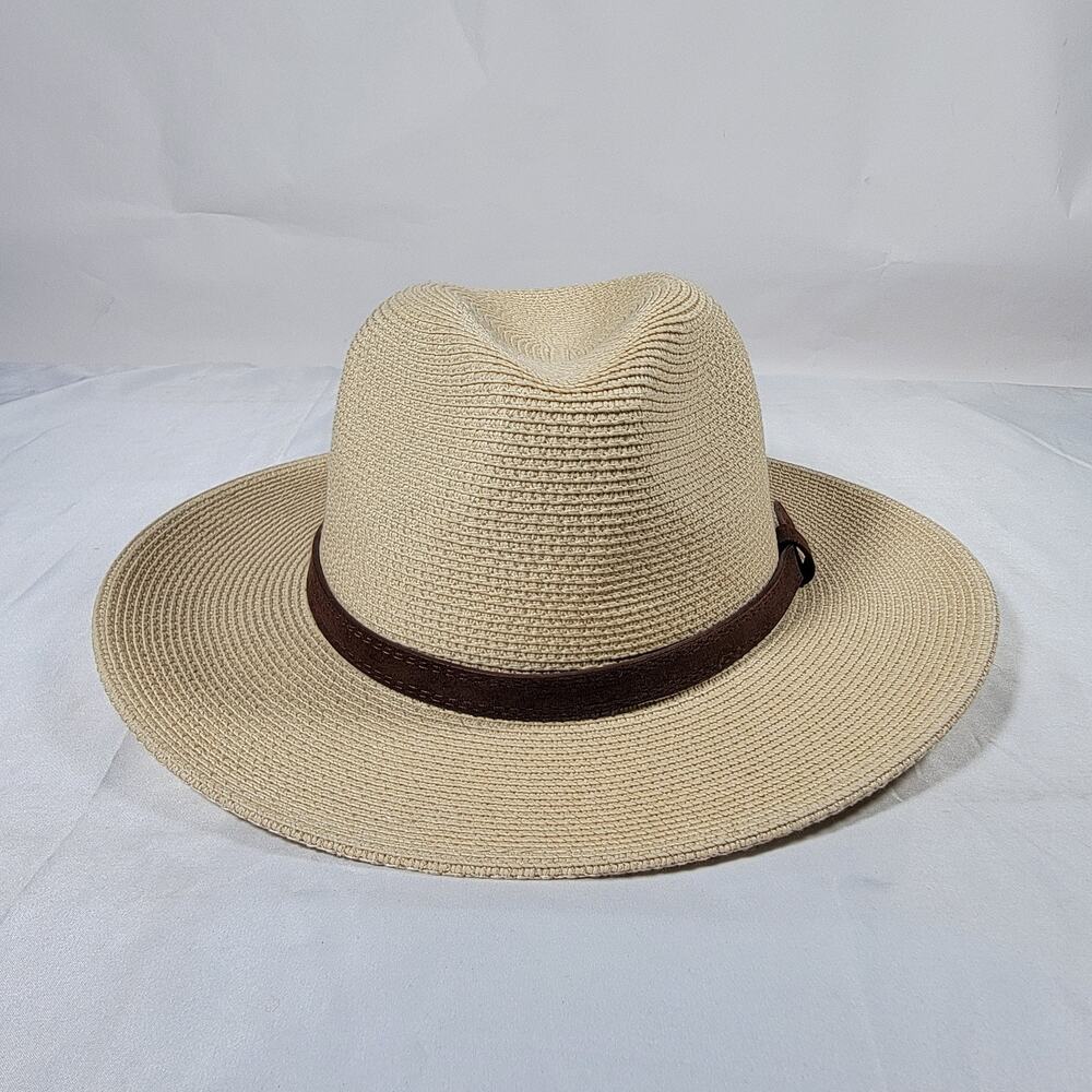 FURTALK Wide Brim Fedora Sun Hat Large L Beige Straw Brown Band Beach Boho
